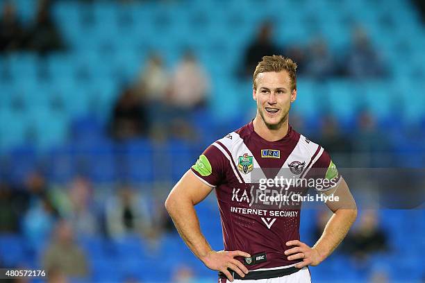 Daly Cherry-Evans of the Sea Eagles looks on during the round 18 NRL match between the Gold Coast Titans and the Manly Sea Eagles at Cbus Super...