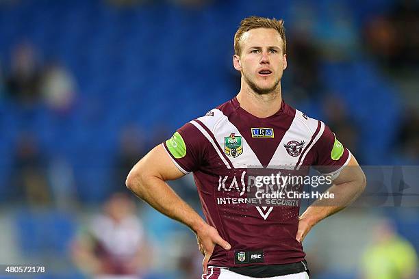 Daly Cherry-Evans of the Sea Eagles looks on during the round 18 NRL match between the Gold Coast Titans and the Manly Sea Eagles at Cbus Super...