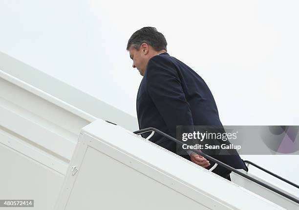 German Vice Chancellor and Economy and Energy Minister Sigmar Gabriel boards a German delegation flight to China after Eurozone and Greek government...