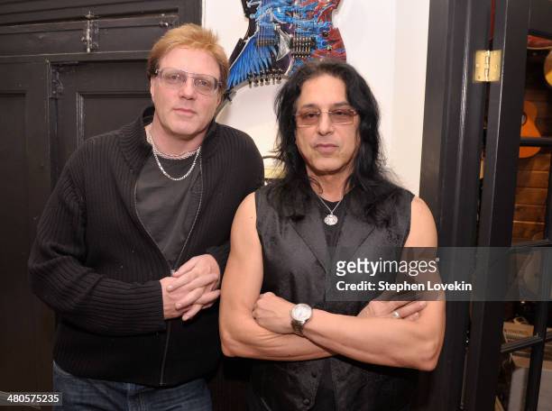 Musicians Jay Jay French and Eddie Ojeda of Twisted Sister attend the D'Angelico Guitar Auction Press Preview at GTR Showroom on March 25, 2014 in...