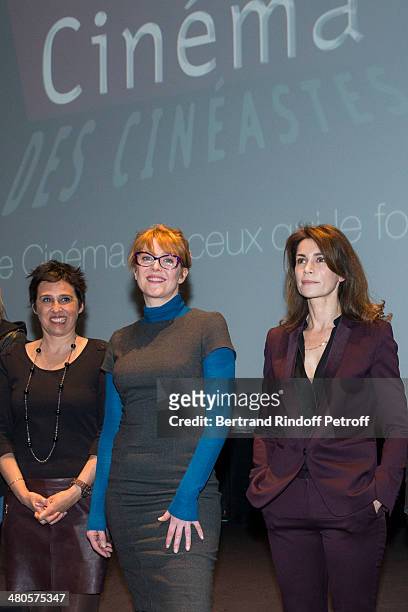 Actresses Silvia Kahn, Agnes Soral and Valerie Kaprisky appear on stage prior to the private screening of Claude Lelouch's latest feature film...