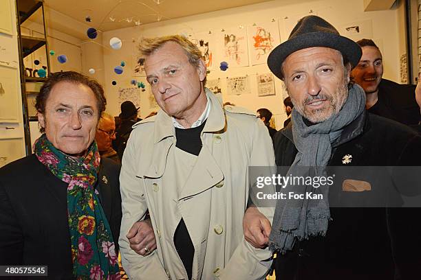 Franck Ros from Paco Chicano, Jean Charles de CastelbajacÊand Gilbert Ros from Paco Chicano attend the 'Dessins' : Collective Exhibition at Galerie...