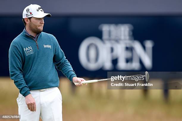 Branden Grace of South Africa assesses a putt during practice ahead of the 144th Open Championship at The Old Course on July 13, 2015 in St Andrews,...