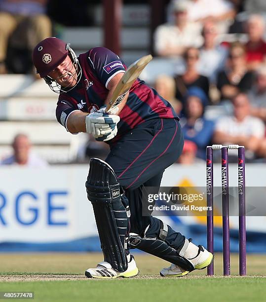 Richard Levi of Northants pulls the ball during the NatWest T20 Blast match between Northamptonshire Steelbacks and Leicestershire Foxes at The...