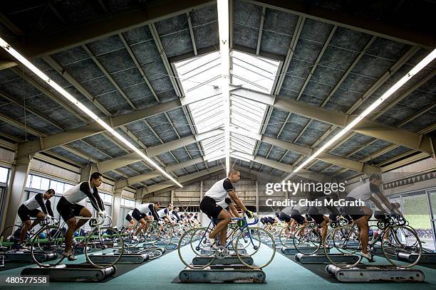 Keirin students train on rollers at the Nihon Keirin Gakkou on July 8, 2015 in Izu, Japan. Keirin is a form of cycle racing developed in Japan around...