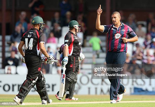 Rory Kleinveldt of Northants celebrates after taking the wicket of Aadil Aliduring the NatWest T20 Blast match between Northamptonshire Steelbacks...