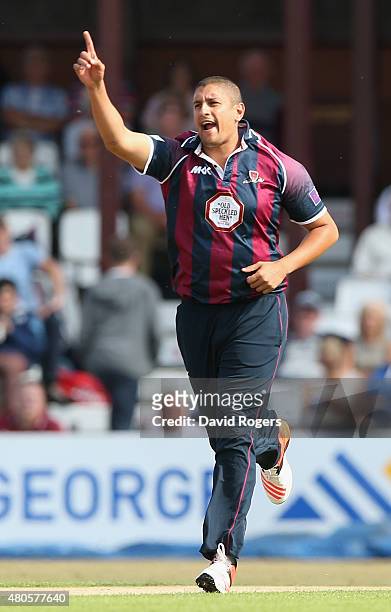 Rory Kleinveldt of Northants celebrates after taking the wicket of Aadil Aliduring the NatWest T20 Blast match between Northamptonshire Steelbacks...