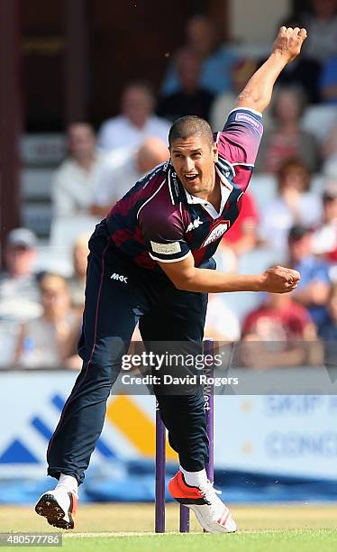 Rory Kleinveldt of Northants bowls during the NatWest T20 Blast match between Northamptonshire Steelbacks and Leicestershire Foxes at The County...