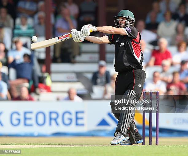 Ned Eckersley of Leicestershire stretches for the ball during the NatWest T20 Blast match between Northamptonshire Steelbacks and Leicestershire...