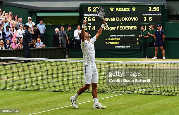 Novak Djokovic of Serbia celebrates his victory after winning the Final Of The Gentlemen's Singles against Roger Federer of Switzerland on day...