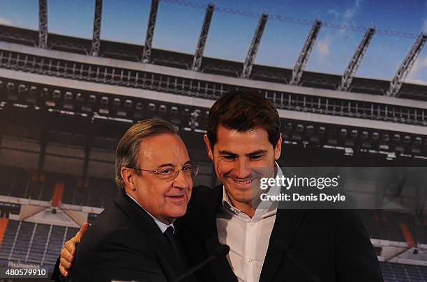 Real Madrid president Florentino Perez is embraced by Iker Casillas during a press conference to announce that Iker Casillas will be leaving Real...