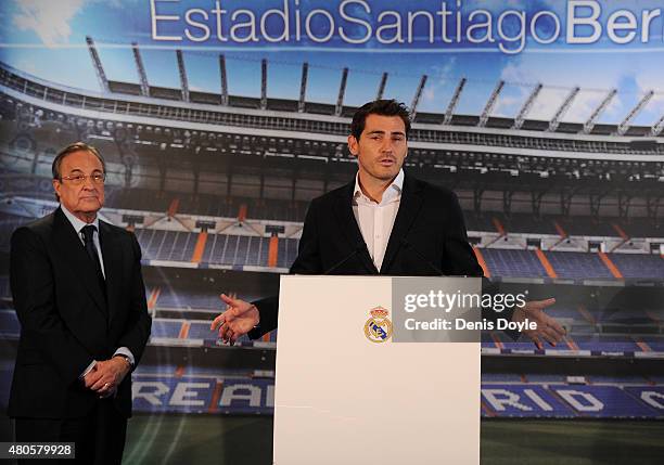 Real Madrid President Florentino Perez and Iker Casillas attend a press conference to announce that Iker Casillas will be leaving Real Madrid on July...