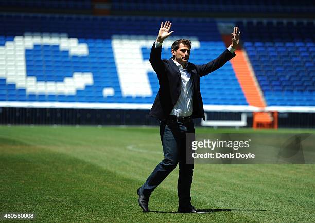 Iker Casillas waves to fans at the Santiago Bernabeu stadium after attending a press conference to announce that he will be leaving Real Madrid on...