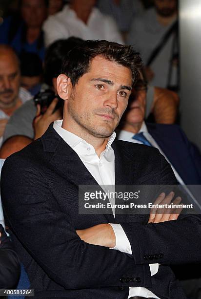 Iker Casillas attends a press conference to announce that Iker Casillas will be leaving Real Madrid football team on July 13, 2015 in Madrid, Spain.
