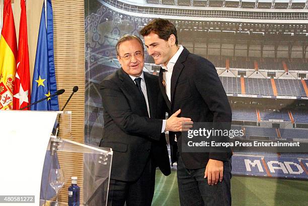 Florentino Perez and Iker Casillas attend a press conference to announce that Iker Casillas will be leaving Real Madrid football team on July 13,...