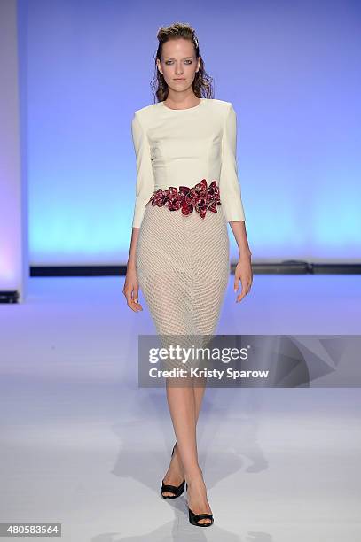 Model walks the runway during the Svetlana Kushnerova show as part of Paris Fashion Week Haute Couture Fall/Winter 2015/2016 at Espace Pierre Cardin...