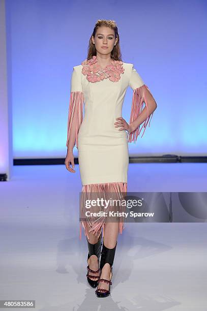 Model walks the runway during the Svetlana Kushnerova show as part of Paris Fashion Week Haute Couture Fall/Winter 2015/2016 at Espace Pierre Cardin...