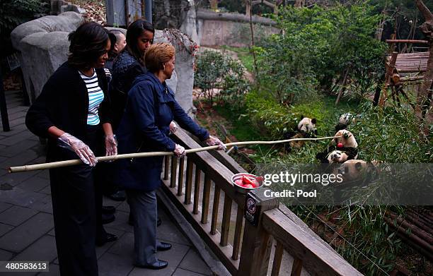 First lady Michelle Obama watches as her mother Marian Robinson feeds apples to giant pandas during their visit at Giant Panda Research Base March...