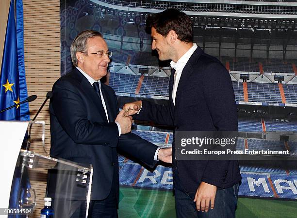 Florentino Perez and Iker Casillas attend a press conference to announce that Iker Casillas will be leaving Real Madrid football team on July 13,...