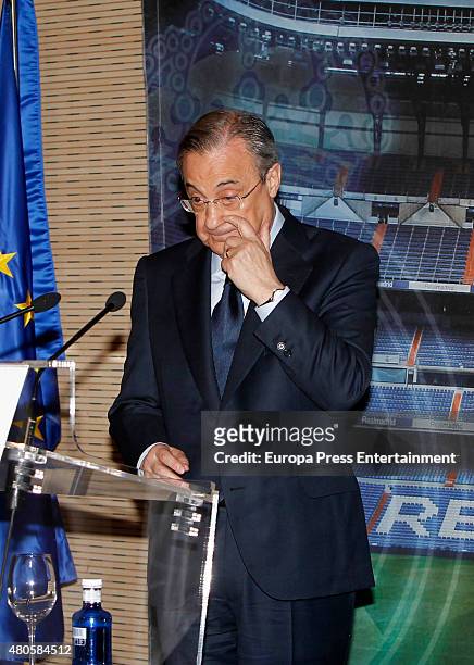 Florentino Perez attends a press conference to announce that Iker Casillas will be leaving Real Madrid football team on July 13, 2015 in Madrid,...