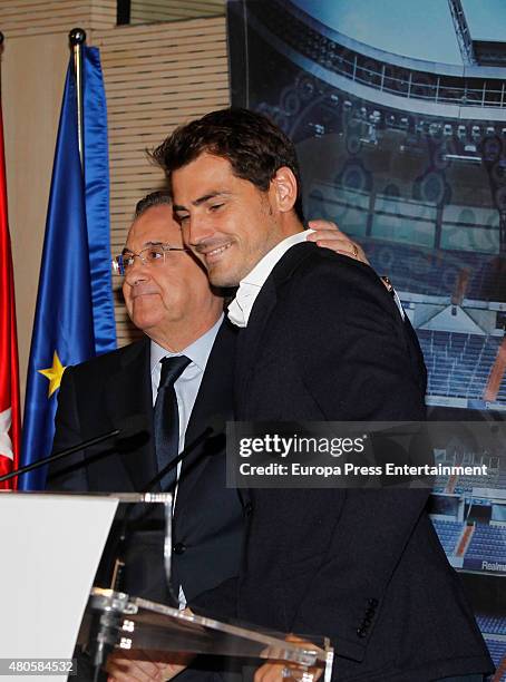 Florentino Perez and Iker Casillas attend a press conference to announce that Iker Casillas will be leaving Real Madrid football team on July 13,...