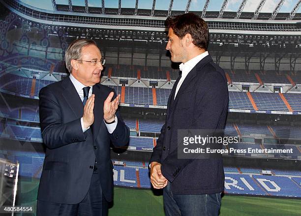 Florentino Perez and Iker Casillas attend a press conference to announce that Iker Casillas will be leaving Real Madrid football team on July 13,...