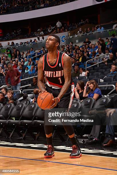 Dorell Wright of the Portland Trail Blazers shoots the ball against the Orlando Magic during the game on March 25, 2014 at Amway Center in Orlando,...
