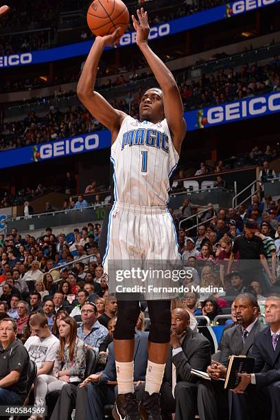 Doron Lamb of the Orlando Magic shoots the ball against the Portland Trail Blazers during the game on March 25, 2014 at Amway Center in Orlando,...