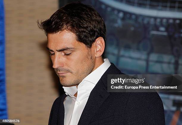 Iker Casillas attends a press conference to announce that Iker Casillas will be leaving Real Madrid football team on July 13, 2015 in Madrid, Spain.