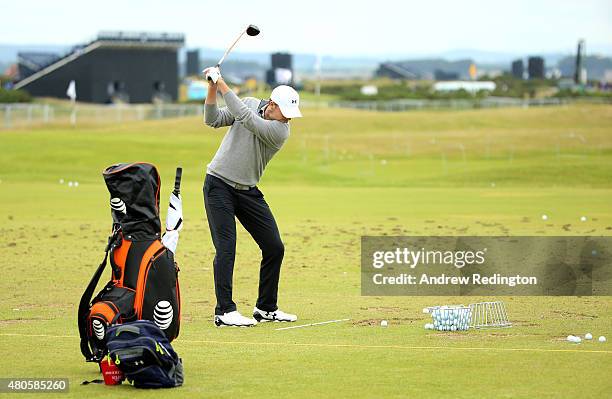 Jordan Spieth of the United States hits the ball on the range ahead of the 144th Open Championship at The Old Course on July 13, 2015 in St Andrews,...