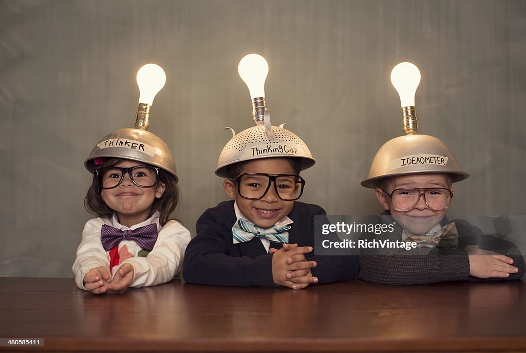 Nerd Children Wearing Lighted Mind Reading Helmets