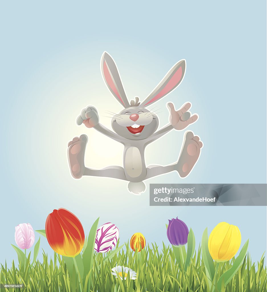 Happy Easter Bunny with Grass and Tulips