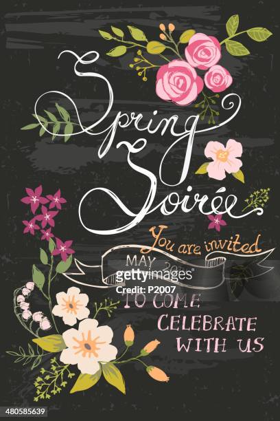 spring abendveranstaltung tafel - flowers chalk drawings stock-grafiken, -clipart, -cartoons und -symbole