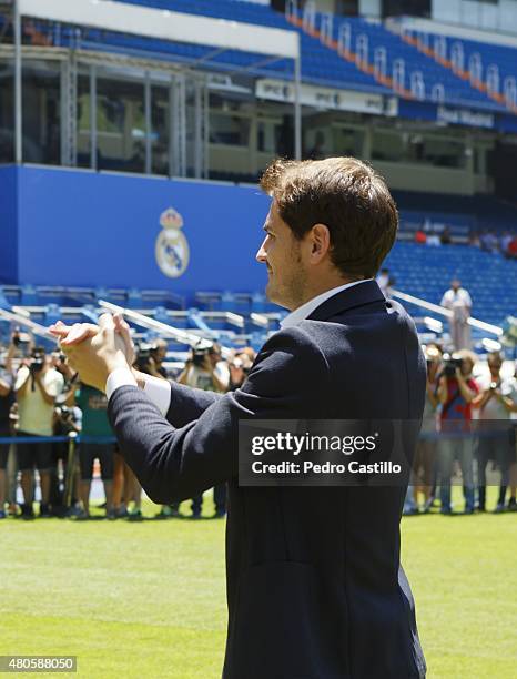 Iker Casillas waves to fans at the Santiago Bernabeu stadium after attending a press conference to announce that he will be leaving Real Madrid...