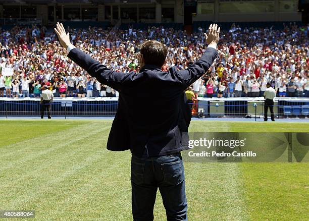 Iker Casillas waves to fans at the Santiago Bernabeu stadium after attending a press conference to announce that he will be leaving Real Madrid...