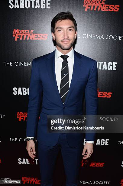 Figure skater Evan Lysacek attends The Cinema Society with Muscle & Fitness screening of Open Road Films' "Sabotage" at AMC Loews Lincoln Square on...