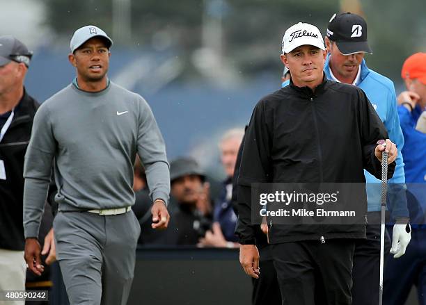 Tiger Woods of the United States, Jason Dufner of the United States and Matt Kucher of the United States play a practice round ahead of the 144th...
