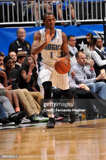 Doron Lamb of the Orlando Magic dribbles up the court against the Portland Trail Blazers during the game on March 25, 2014 at Amway Center in...