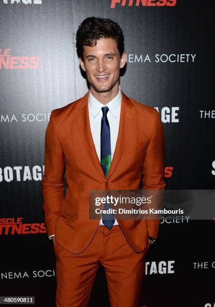 Model Garrett Neff attends The Cinema Society with Muscle & Fitness screening of Open Road Films' "Sabotage" at AMC Loews Lincoln Square on March 25,...