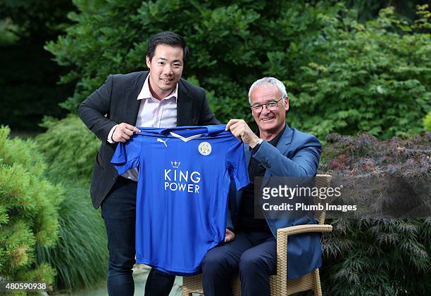 Claudio Ranieri poses with Leicester City's Vice Chairman Aiyawatt Srivaddhanaprabha as he is unveiled as the new Leicester City manager at their...
