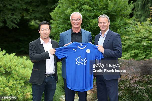 Claudio Ranieri poses with Leicester City's Director of Football Jon Rudkin and Vice Chairman Aiyawatt Srivaddhanaprabha as he is unveiled as the new...