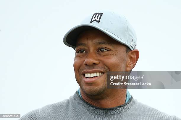 Tiger Woods of the United States plays a practice round ahead of the 144th Open Championship at The Old Course on July 13, 2015 in St Andrews,...