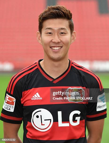 Leverkusen's South Korean striker Heung Min Son poses during the team presentation of the German first division Bundesliga team Bayer 04 Leverkusen...