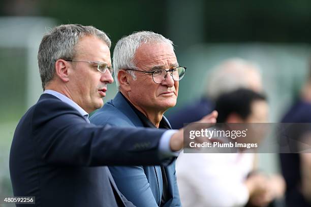 New Leicester City manager Claudio Ranieri watches his new team train for the first time alongside the club's Director of Football Jon Rudkin at...