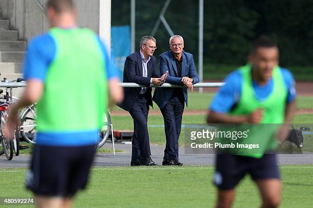 New Leicester City manager Claudio Ranieri watches his new team train for the first time alongside the club's Director of Football Jon Rudkin at...