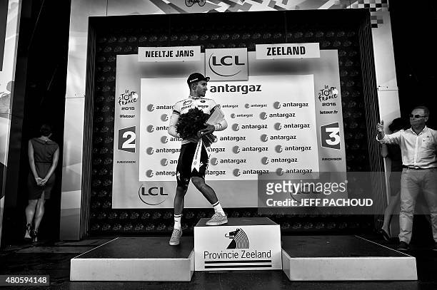 Poland's Michal Kwiatkowski leaves after celebrating his combativity prize at the end of the 166 km second stage of the 102nd edition of the Tour de...