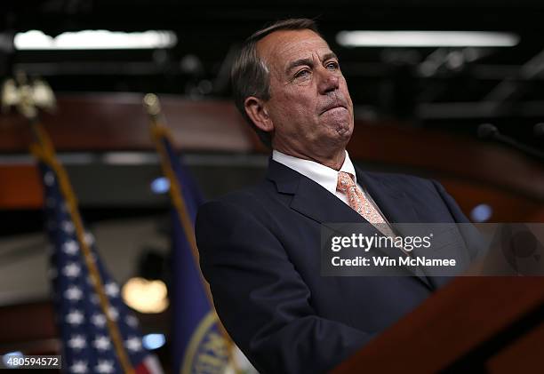 Speaker of the House John Boehner answers questions during his weekly press conference at the U.S. Capitol July 9, 2015 in Washington, DC. Boehner...