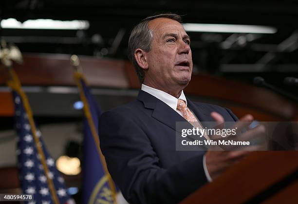 Speaker of the House John Boehner answers questions during his weekly press conference at the U.S. Capitol July 9, 2015 in Washington, DC. Boehner...