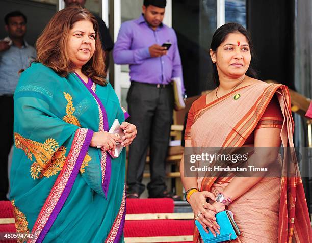 Vidhya Thakur along with Late MLA Prakash Bala Sawant's wife, Trupti Sawant, during the Monsoon Assembly at Vidhan Bhavan on July 13, 2015 in Mumbai,...