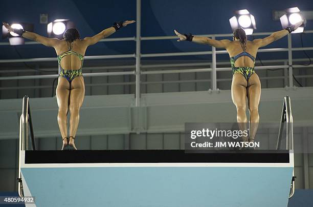 Ingrid De Oliveira and Giovanna Pedroso of Brazil compete in the Women's Synchronized 10M Platform finals at the 2015 Pan American Games in Toronto,...